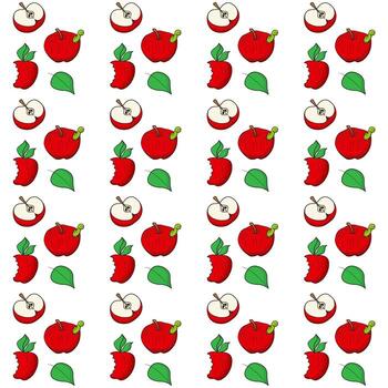 Red apple with a worm, half and bitten apple with green leaves arranged in vertical stripes. Seamless pattern. vector