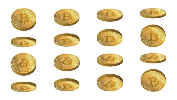 Bitcoin set realistic icon in different positions, front, side and back. 3d style of golden coins. Blockchain and investment financial assets and transactions. vector