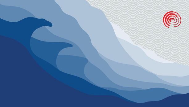 Abstract Japanese wave illustration in layered papercut style with blue tones and seigaiha background. Minimal and elegant composition with red sun motif, ideal for prints, textiles and decor. vector