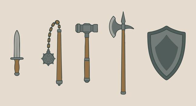 medieval armas póngase en fila con mayal lanza hacha y proteger en pálido suelo vector