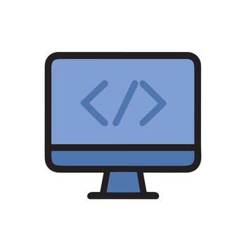 sencillo plano estilo computadora pantalla con código símbolo tecnología icono vector