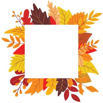 Hello autumn greeting seasonal card. Square frame of colorful falling leaves. Square shape foliage, graphic vector