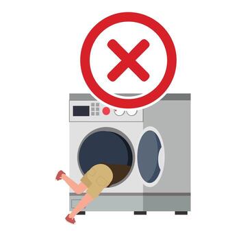 Laundry concept. Warning do not climb in washing machine. don't do this. X mark. wrong. vector