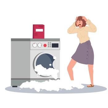 Broken washing machine. Bubble and foam come out of washing machine due to it's broken or using wrong type of washing soap. vector