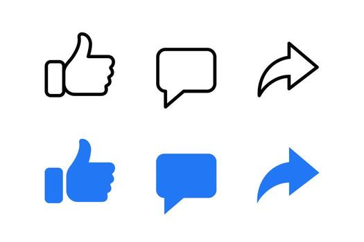 Like, Comment, Share of social media icons. Like button, thumb up, comment, repost, and share icon buttons. vector