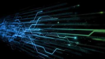 Futuristic Digital Data Stream Animation with Glowing Binary Lines and Neon Circuit Effects in 4K video