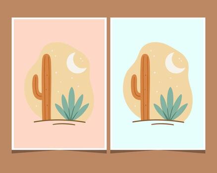Set of two minimalist boho illustrations of a desert night scene with a saguaro cactus and crescent moon. vector