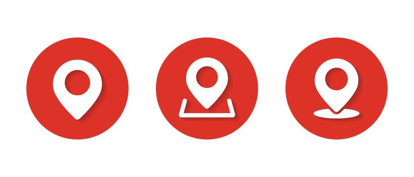 Map marker and position icon set with shadow. Location and navigation element symbol vector