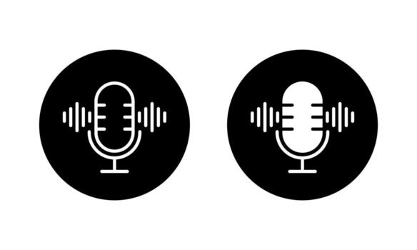 Podcast microphone icon in black circle. Audio streaming and recording mic symbol. Sound content and broadcasting concept vector