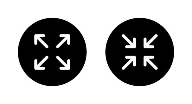 expandir y colapso pantalla icono en negro círculo. pantalla completa y minimizar flechas símbolo. monitor Talla concepto vector