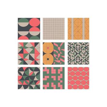 Nine geometric patterns in muted colors with circles squares and triangles abstract background vector