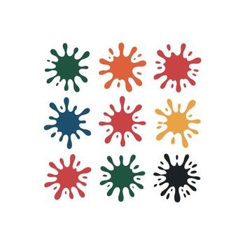 nueve vistoso pintar salpicaduras en un cuadrícula en blanco antecedentes tinta salpicar tinta chapoteo vector