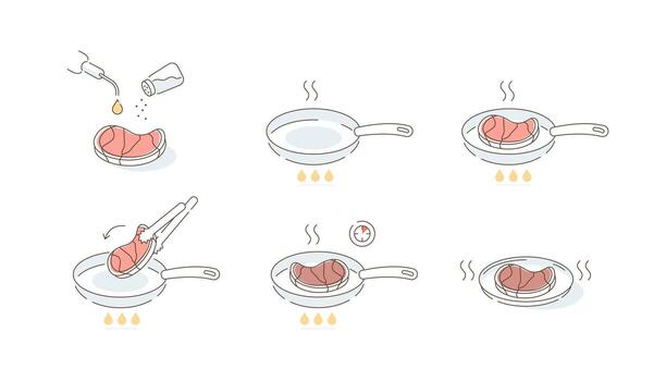 Instructions how to Prepare Meat Steak in Pan. Add Oil and Season, Fry on both Sides and Serve. Cooking Guide vector