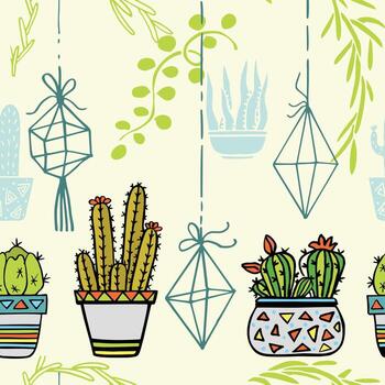 Cactus seamless pattern. Trendy boho. Cacti fabric print design. Succulent textile surface. vector