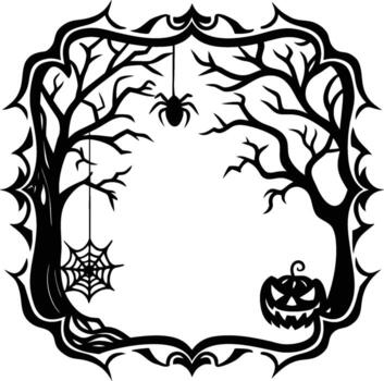 Halloween frame with trees, spider, web and pumpkin isolated on white background vector
