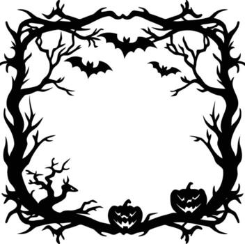 Spooky halloween frame with trees, bats, and pumpkins isolated on white background vector