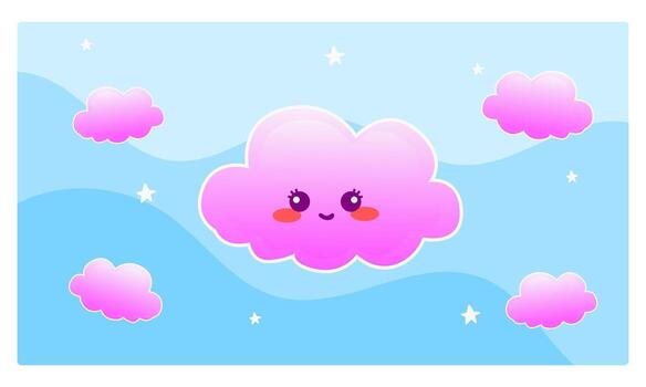un linda rosado dibujos animados nube con un sonriente cara y rosado las mejillas flotante en un brillante azul cielo con estrellas y menor mullido nubes vector