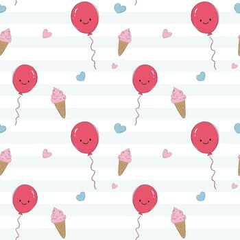Seamless pattern with smiling balloons and ice cream in kids crayon style. Fun colorful childlike background. vector