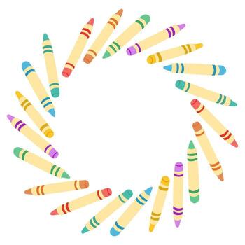 Hand drawn illustration of colorful crayons arranged in a circular wreath shape with empty center. Concept of art, creativity and school design element with copy space vector