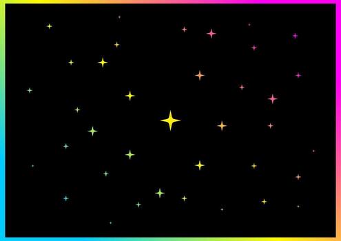 A vibrant array of colorful stars of various sizes twinkle against a deep black night sky, framed by a luminous rainbow gradient. celestial pattern creates a magical and sparkling cosmic background vector