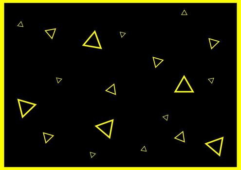 A minimalist abstract pattern featuring numerous yellow outline triangles of varying sizes scattered across a solid black background, framed by a bright yellow border. vector