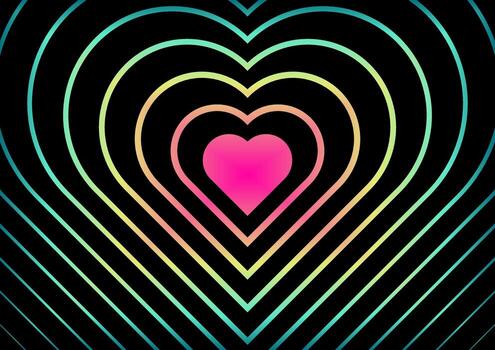 Concentric heart shapes in vibrant rainbow gradient lines expand from a solid pink center on a black background, creating a visually striking and modern abstract design. vector