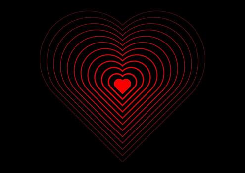 vibrant red heart composed of concentric lines, creating a visual pulse effect on deep black background. symbolizes love, passion, connection, and emotional well being with a modern, minimalist design vector