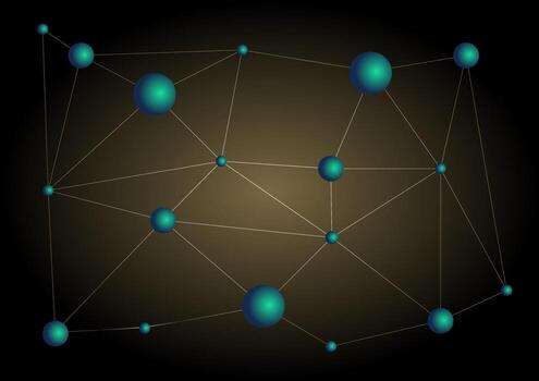 Abstract network of interconnected teal spheres and lines against a dark gradient background. Represents global communication, data flow, technology, and digital connections. vector