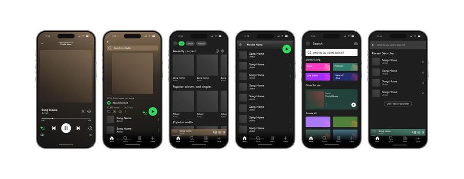 Music application user interface mockup in smartphone, play pause playlist control screen ui illustration vector