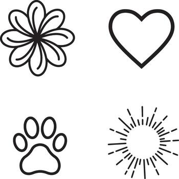 Simple Line Art Icons Flower, Heart, Paw Print, and Sunburst for Design Projects, Websites, and Apps vector