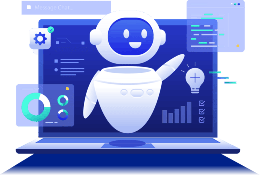 pronto Engenharia dentro ai chatbot llm aplicativo, robótico assistente com computador portátil painel de controle bate-papo mensagem e grande dados conceito ilustração clipart png