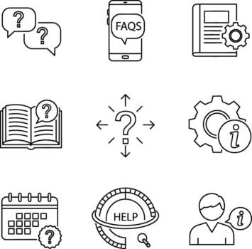 Collection of hand drawn icons representing support questions and information gathering vector