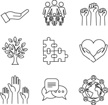 Collection of hand drawn icons representing community support and unity symbolizing collaboration and togetherness vector