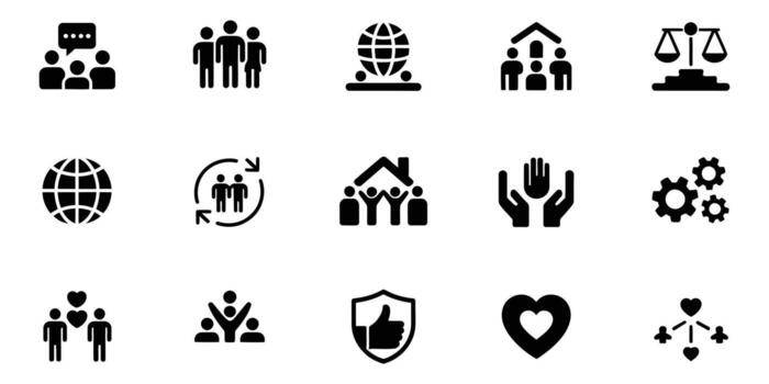 global comunidad íconos trabajo en equipo, unidad, apoyo, y global cooperación en negrita negro glifos vector