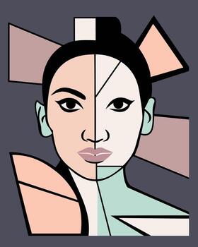 Cubist abstract portrait of a Asian woman face. Bold black outlines define the features, geometric shapes arranged asymmetrically. Colors can be changed. Ideal for background or poster. vector