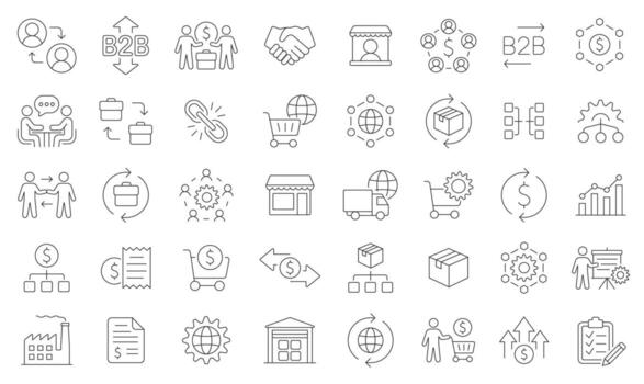 B2B Line Icon Set With 40 Editable Stroke Designs. Thin Line Icon Collection Includes Business, Trade, Partnership, Logistics, And Finance Symbols For Projects And Branding. Isolate Image. vector