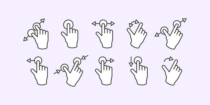 hand icons related to gesture, zoom, move, tap, click. hand gesture outline icons collection vector