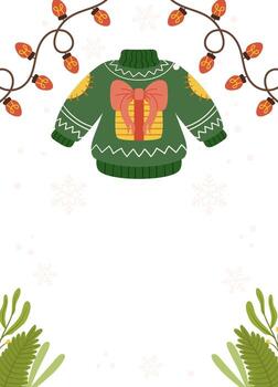 Festive Poster template frame featuring a green Christmas sweater with a bow design, surrounded by string lights, greenery, and snowflakes on a white background. vector