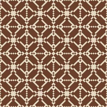 Seamless geometric pixel pattern, inspired by traditional folk and tribal textiles. This 8-bit design features a repeating diamond and chevron motif in a classic brown and beige color palette vector