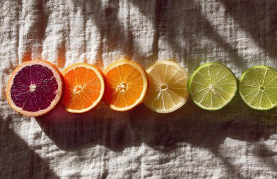 Citrus fruits showing a gradient of colors from blood orange to lime photo