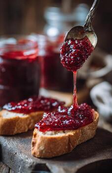 Spoon pouring raspberry jam on bread slice with jam jars in background photo