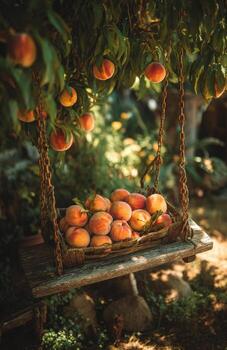 recién escogido duraznos colgando en un cesta debajo el melocotón árbol foto