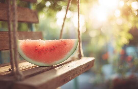 Slice of watermelon resting on a wooden swing in the sunlight photo