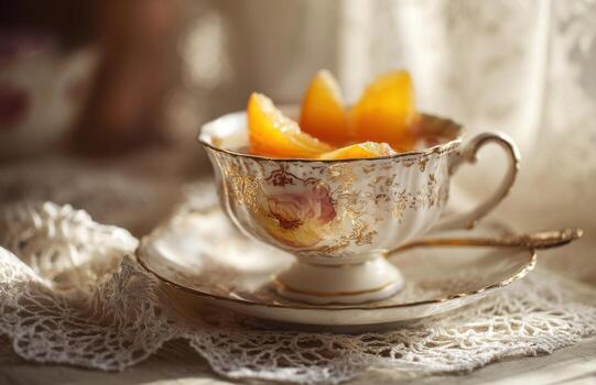 Elegant teacup with peach slices enjoying sunlight on lace tablecloth photo