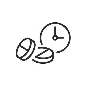 period of action of the medicine icon, clock and pills, time to take a pill, thin line symbol on white background - editable stroke eps10 vector