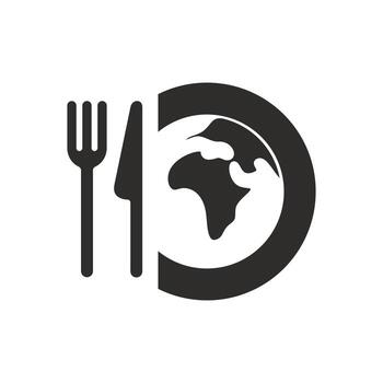 globe and fork with knife icon, food on earth, concept world hunger, flat symbol on white background - illustration vector