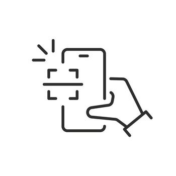 exploración código proceso icono, qr código en pantalla teléfono inteligente, Delgado línea símbolo en blanco antecedentes - editable carrera ilustración vector