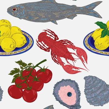 seamless pattern with seafood and tomatoes vector
