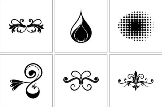 negro conjunto caracteristicas remolino patrones, trama de semitonos puntos, lágrima y floral florecer elementos vector