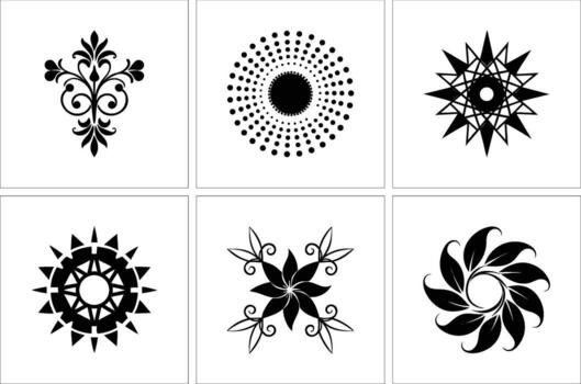 Six black abstract symmetrical floral and circular patterns create an organic monochrome presentation vector